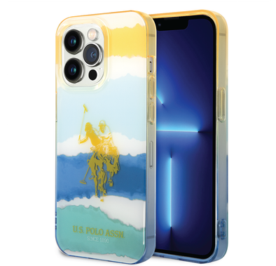 USPA PC/TPU Case with Blurred Stripes & Horse Logo iPhone 14 Pro Compatibility - Yellow