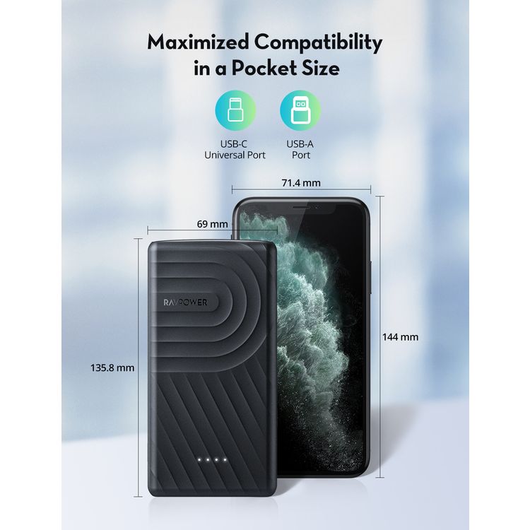 RAVPower 2-Port PD Pioneer Power Bank 10000mAh 18W USB-A QC, USB-C Port POwer Delivery 18W, iSmart Fast Charging Technology, Pocket Size Portable