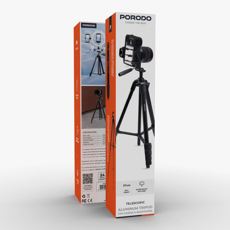 Porodo Professional Gimbal Tripod with Phone Mount, Broad Compatibility, Telescopic Design, Vertical Flip Knob, 1/4" Mount Screw, Up to 2kg Load Capacity, 171cm Length - Black