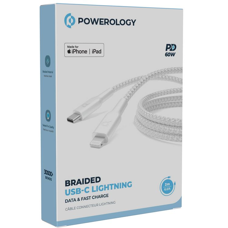 Powerology Braided USB-C to Lightning Cable with 60W Power Delivery, 2m Cable Length, Fast Data Transfer & Fast Charge, Universal Compatibility - White