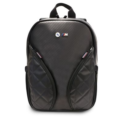 حقيبة ظهر من مجموعة BMW PU Leather & Carbon M مقاس 15 بوصة مع شعارات معدنية، تصميم مريح، مواد عالية الجودة، حزام قابل للتعديل - أسود.