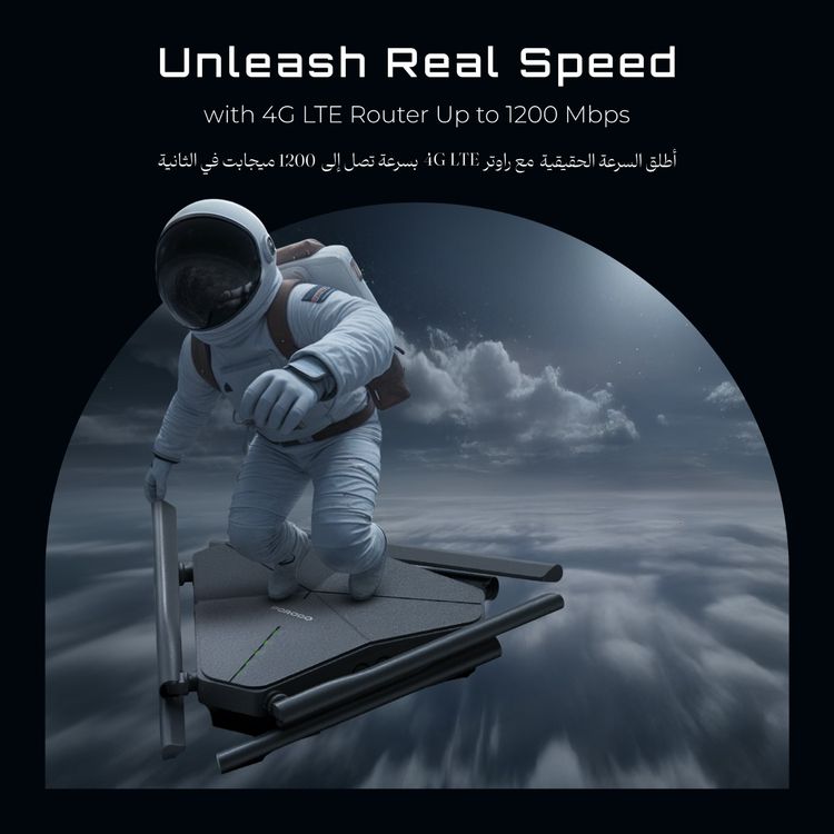 Porodo Dual-Band Portable 4G LTE Wi-Fi Router with 4000mAh Battery Capacity, 3 Giga LAN Ports, 1200Mbps Wi-Fi Speed, 4x LTE/UMTS & 2x Wi-Fi External Antennas, Nano Sim, Secure Encryption, 2.4G & 5G Dual Band - Black