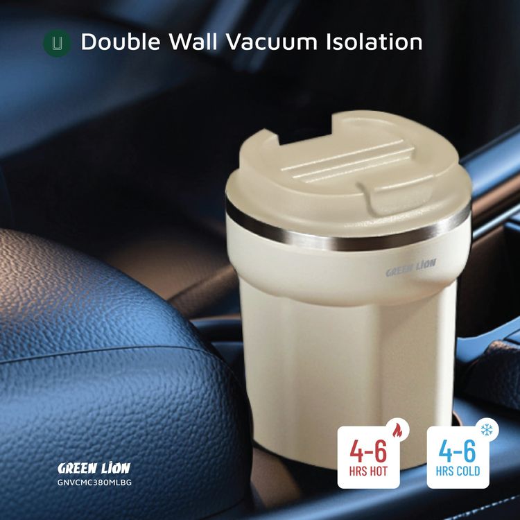 كوب تفريغ جرين ليون، سعة 380 مل، مصنوع من الفولاذ المقاوم للصدأ، عازل حراري بجدار مزدوج، تصميم فاخر - بيج