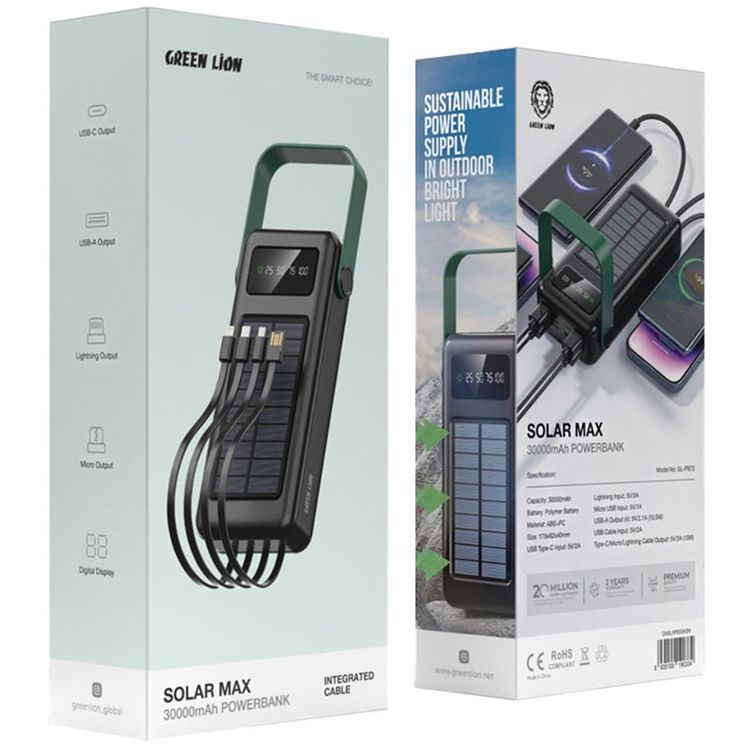Green Lion Solar Max 30000mAh Powerbank with Digital Display, Solar Charging Panel, Type-C/Micro/Lightening/USB-A Output, lightweight & Portable, 4 Integrated Cables - Black