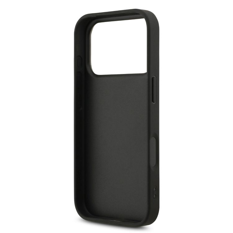 غطاء جليتر PU من Guess بشعار 4G معدني كبير لهاتف iPhone 17 Pro، حماية من الصدمات، تصميم نحيف وخفيف الوزن، سهل التركيب، تغليف مستدام، قبضة مريحة - أسود