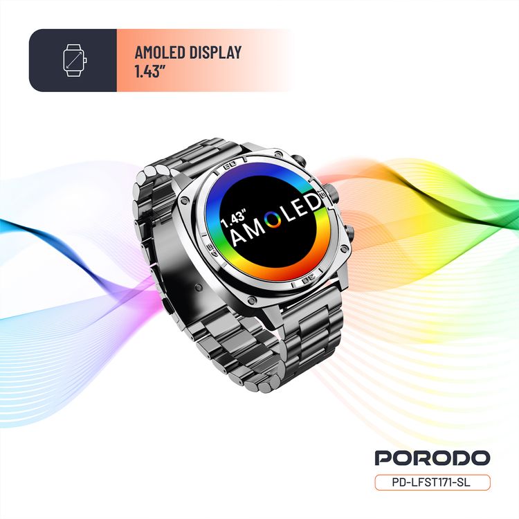 Porodo Chrono Steel Smartwatch with 1.43-inch AMOLED Display, 466 x 466 pixels Resolution, Up to 5 Days Working Time, 400mAh Battery Capacity, 128MB Flash Memory, Bluetooth Version 5.2, IP68 Water Resistance Level - Silver