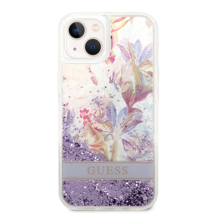 Guess Liquid Glitter Case with Flower Pattern Extra Shine Smooth Touch Feel iPhone 14 Compatibility - Purple