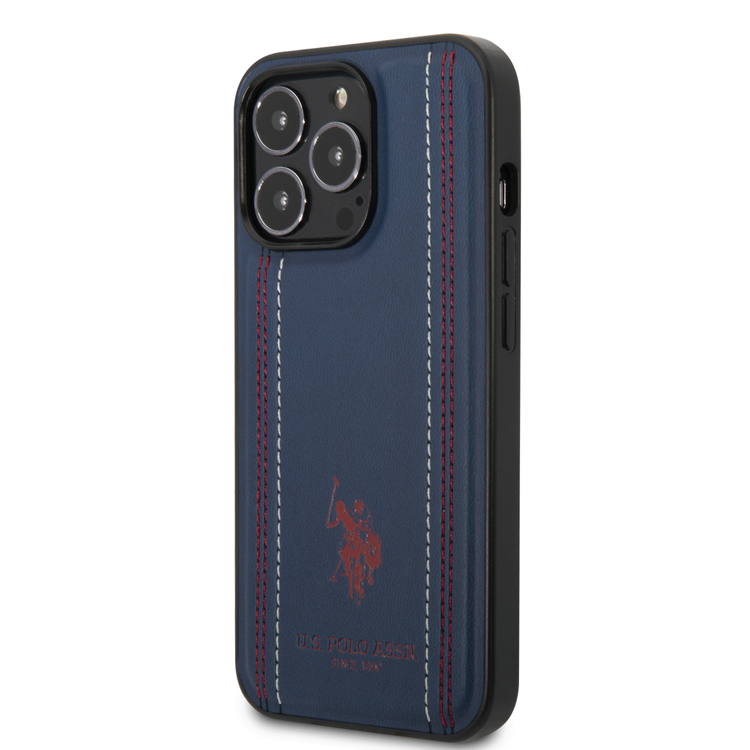 USPA PU Leather Case with Stitched Lines Double Line & Horse Logo iPhone 14 Pro Compatibility - Navy