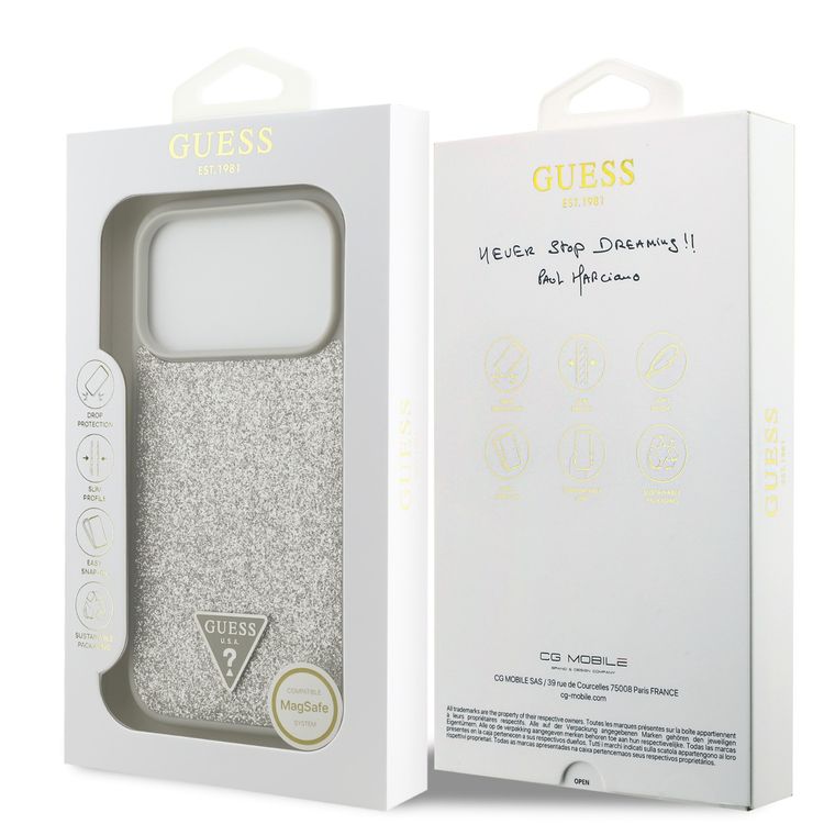 Guess MagSafe PU Leather Fixed Glitter Case with Triangle Logo for iPhone 17 Pro, Slim Profile, Easy Snap-On, Sustainable Packaging, Comfortable Grip, Drop Protection, Lightweight Design - Silver