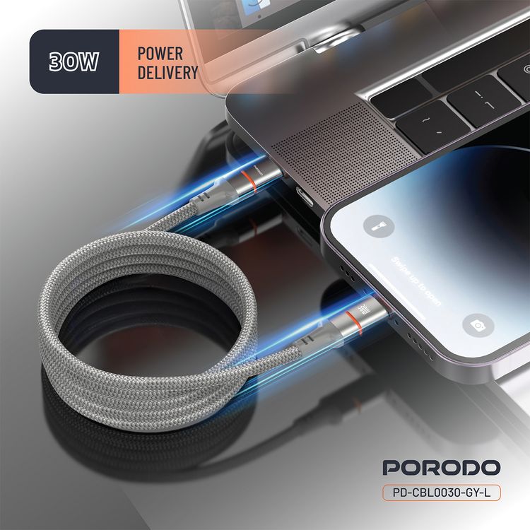 Porodo Type-C to Lightning Magnetic Braided Cable with 30W Power Delivery, 1.2m Cable Length, More than 15,000 Bends Lifespan, Tangle-Free Design - Gray