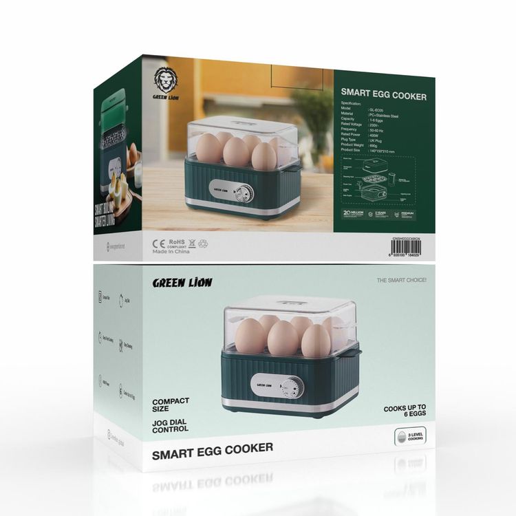 Green Lion Smart Egg Cooker with 1-6 Eggs Capacity, Jog Dial Control, 3-Level Cooking Mode, 400W Rated Power, Portable & Compact Design, Easy & Fast Cooking - Green
