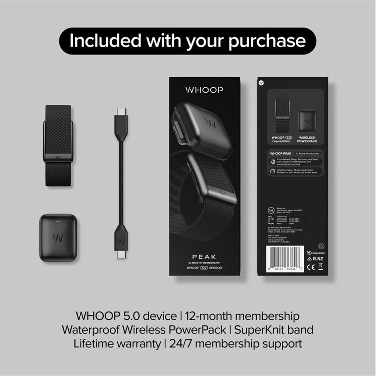 WHOOP Peak Wearable Activity Tracker with 12-Month Membership, Over 14 Days of Battery Life, SuperKnit Luxe Band, Wireless Charging, IP68 Waterproof - Obsidian