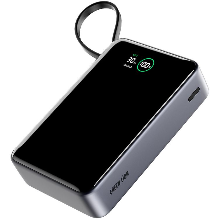 Green Lion Madrid 20 Power Bank 20000mAh with Built-in 20cm Type-C Cable, 35W Power Delivery, Real-Time Digital Display, 22.5W USB-A Output, Trickle Charging Mode, Safe Charging - Gray