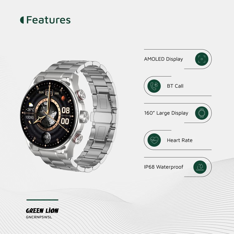 Green Lion Chrono Pro Smart Watch, Full-View Touch Display, Voice Recording, Call & Social Notifications, Rotary Encoder Button - Silver