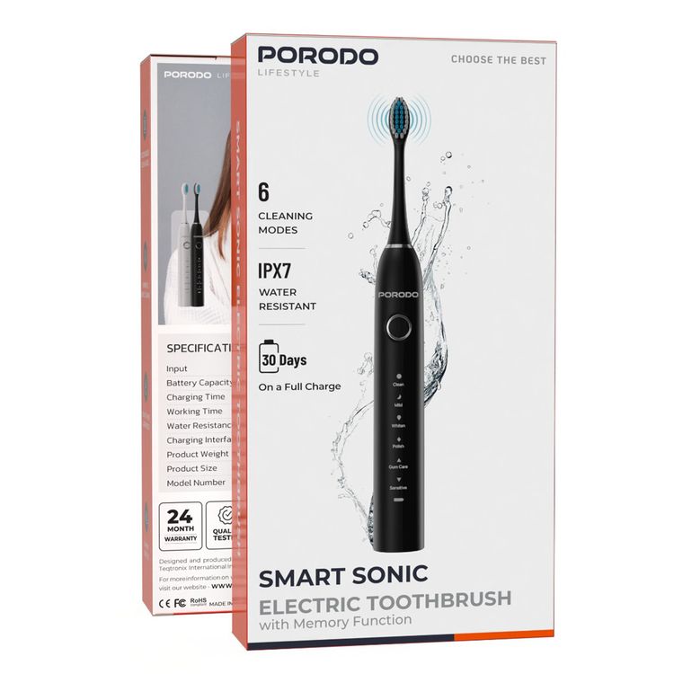 Porodo Lifestyle Smart Sonic Electric Toothbrush with Memory Function, 6 Cleaning Modes, Up to 30 Days Working Time, 500mAh Battery, IPX7 Water Resistance Level, USB-C Charging Interface, DuPont Bristles, Powerful Sonic Cleaning, Smart Timer & Reminder - Black