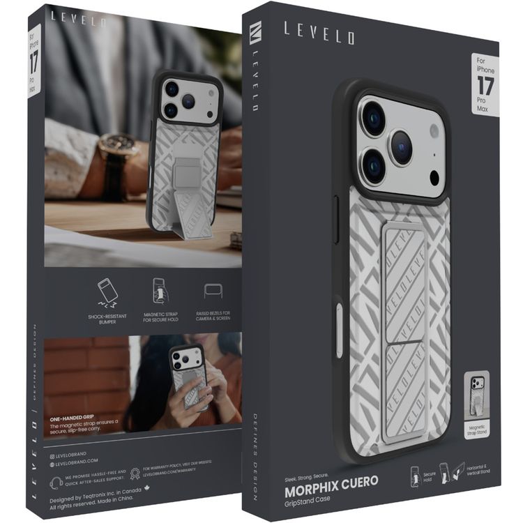 Levelo Morphix Cuero GripStand Case for iPhone 17 Pro Max, Raised Bezels for Camera & Screen, Shock-Resistant Bumper, Secure Hold, Horizontal & Vertical Viewing - Silverstone