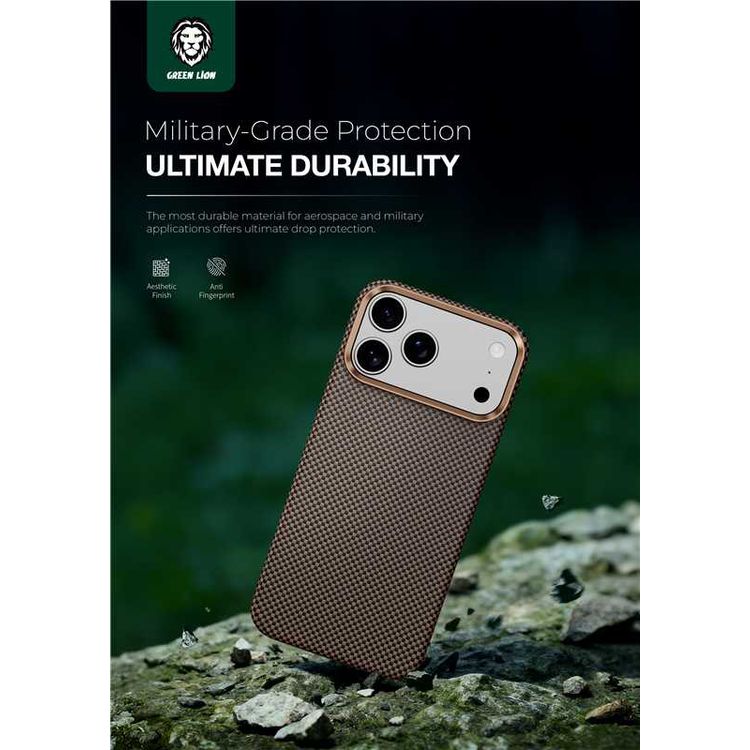 Green Lion Magsafe Kevlar Case for iPhone 17 Pro, Comfortable Grip, Aluminum Alloy Guard, Drop Protection, Lightweight Design, Ultra-Slim - Black / Gold