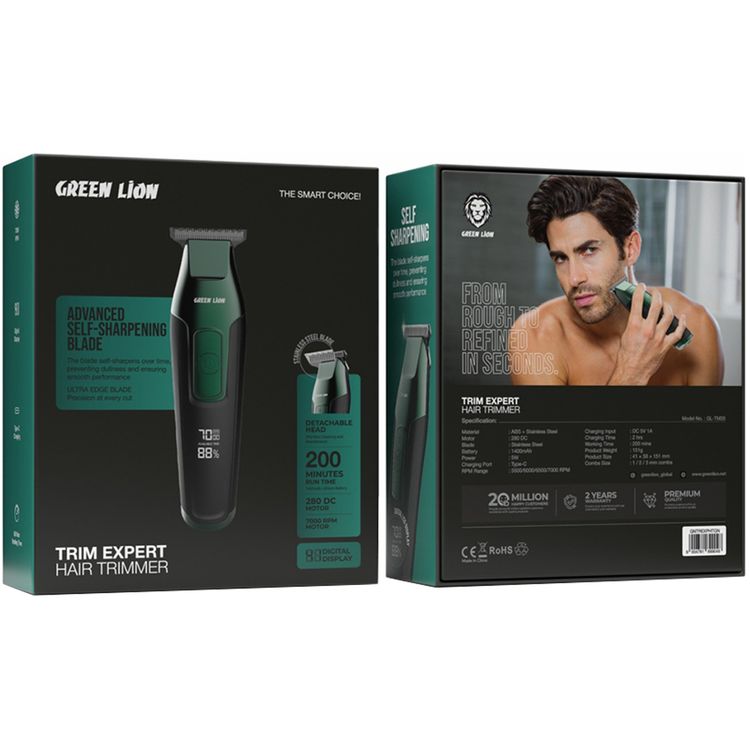 Green Lion Trim Expert Hair Trimmer with 1/2/3mm Combs Size, 200 Minutes Working Time, 2 Hours Charging Time, Type-C Charging Port, ABS & Stainless Steel Material, 1400mAh Battery Capacity, Digital Display - Green
