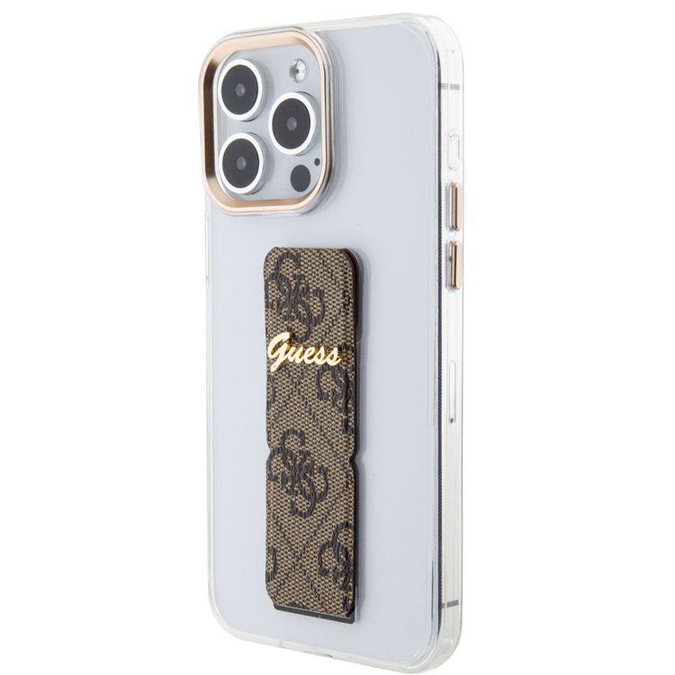 Guess Grip stand Clear Case with 4G Script Logo for iPhone 15 Series - Brown - iPhone 15 Pro Max