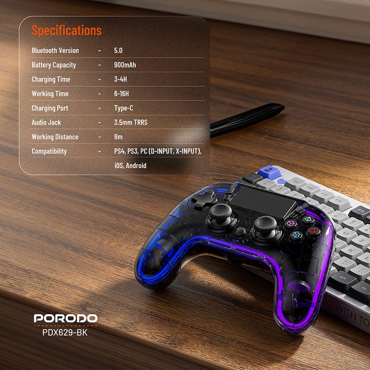 وحدة تحكم شفافة من Porodo Gaming PS4، PS4، PS3، PC (مدخل D، مدخل X)، متوافقة مع iOS وAndroid، مقبس صوت TRRS مقاس 3.5 مم، منفذ شحن من النوع C، وقت عمل من 6 إلى 16 ساعة - أسود
