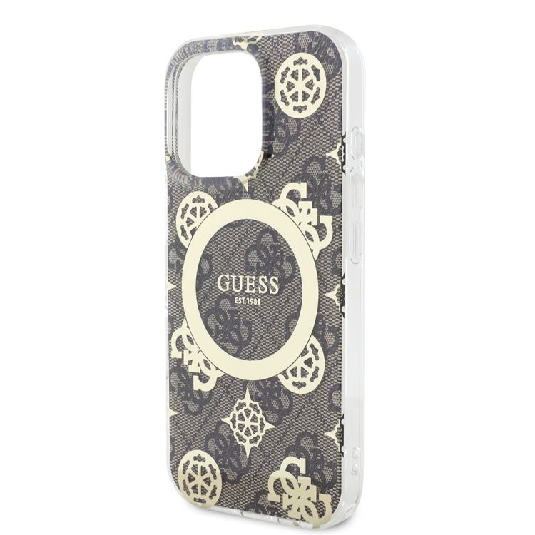 Guess Magsafe IML 4G Design Hard Case with Peony for iPhone 16 Pro, High Quality Material, Lightweight, Comfortable and Secure Grip - Brown
