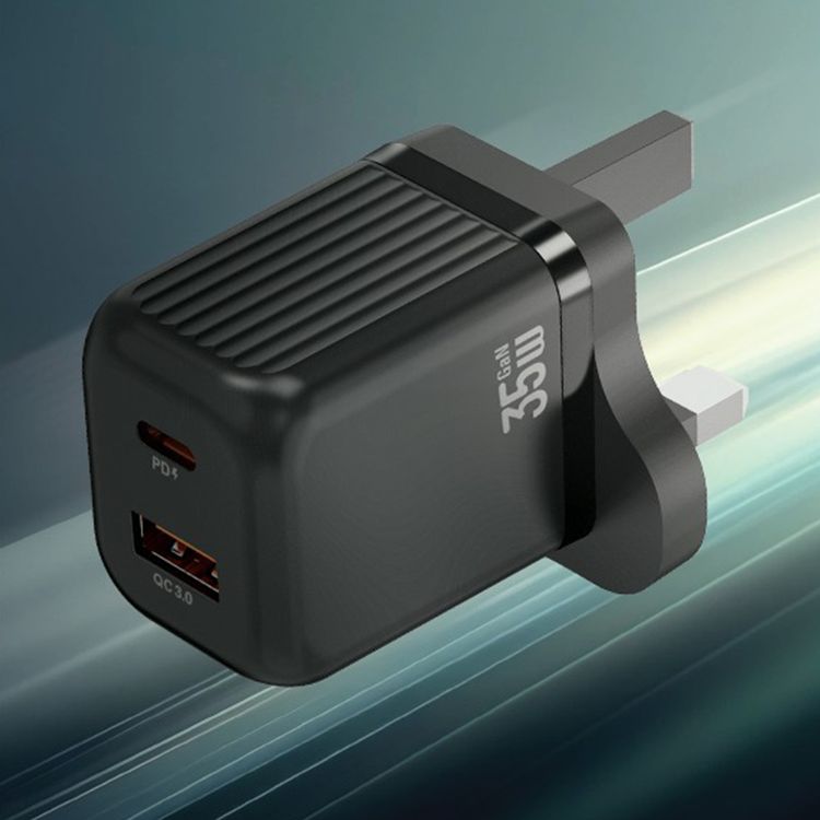 Green Lion Ultra Compact Gan Wall  Charger with Type-C to Lightning Cable, PD 35W, USB-A & USB-C Ports, 3-Pin UK Power Plug, PC Flame Retardant Material, Charging Protection, GaNStorm Technology - Black