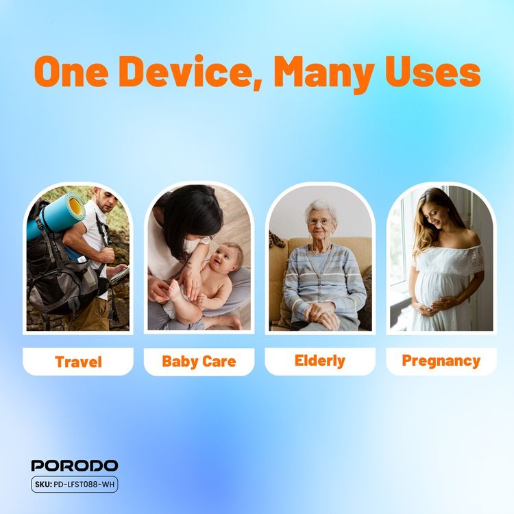 Porodo Lifestyle Electric Travel Bidet with 3 Spray Modes, Smart Memory Recall, Water Bottle Adapter, 180mL Water Reservoir, Waterproof - White 