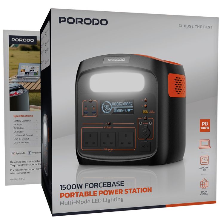 Porodo 1500W Forcebase Portable Power Station with Multi-Mode LED Lighting, PD 100W, Solar Charger, 3× AC Sockets, 1.3 Hours Charging Time, 1102.5Wh Battery Capacity, Multiple Output Ports - Black / Orange