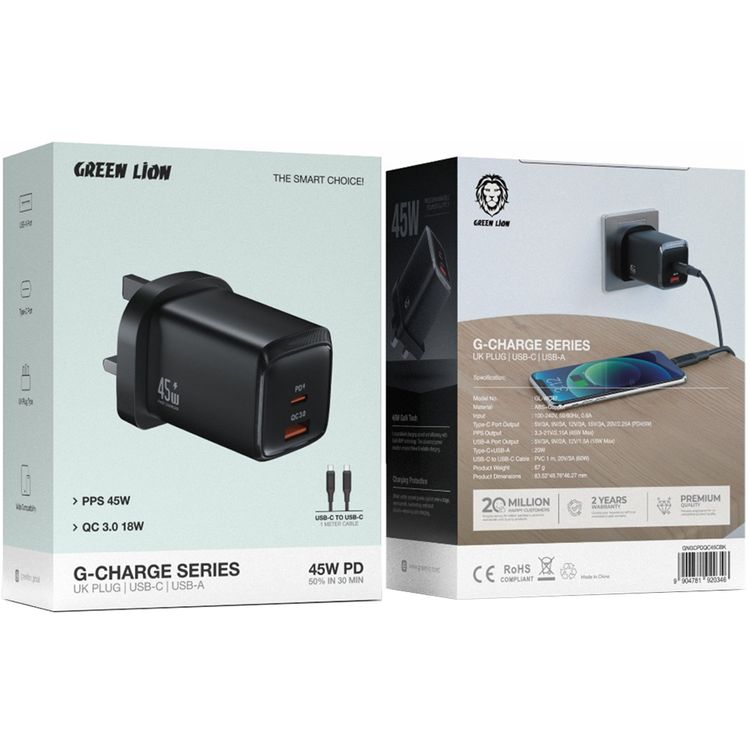 Green Lion G-Charge Series Wall Charger with Type-C to Type-C Cable, PD 45W, QC 18W, USB-A & USB-C Ports, 3-Pin UK Plug, ABS & Copper Material, Fast Charge Support, GaN Technology - Black