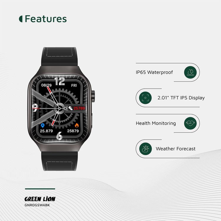 Green Lion Ridge Smart Watch with Magnetic Charging, Bluetooth Calls, Music Player, Health Monitoring, Metal Case Material, PU Leather Strap Material - Black / Black