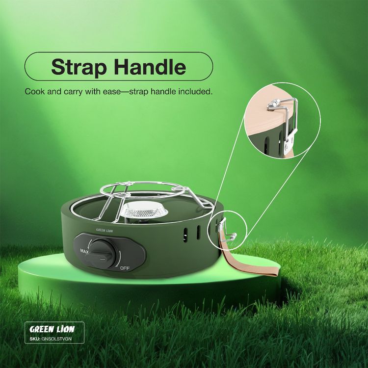 موقد التخييم جرين ليون سولو فليم مع تحكم بالمقبض، غاز البيوتان، موقد من الفولاذ المقاوم للصدأ، قدرة تحميل تصل إلى 5 كجم، قاعدة مضادة للانزلاق، تصميم سهل التنظيف - أخضر