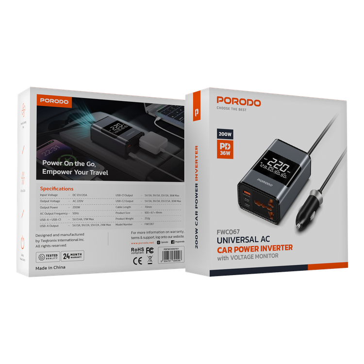 Porodo Universal AC Car Power Inverter with Voltage Monitor, 200W Output Power, AC Socket, USB-A & Dual USB-C Output Ports, PD 36W Max USB-C Output, 24W Max USB-A Output, 70cm Cable Length, Safety Power Switch, Smart Cooling Fan - Gray