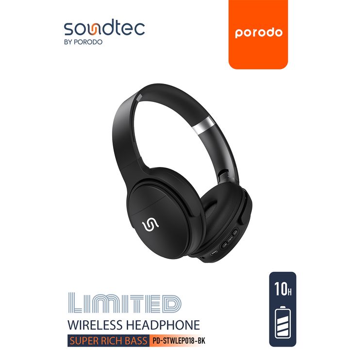 Porodo Soundtec Limited Wireless Headphones with AUX & Bluetooth Connections, Built-in Micro SD Slot & Microphone, Up to 10 Hours Working Time, 250mAh Battery Capacity, Control Buttons, Two-Device Connection - Black