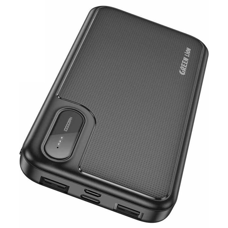 Green Lion Power Mate 10000mAh Power Bank with ×2 USB-A Output Ports, Micro & Type-C Input Ports, ABS+PC Material, Multi Protection, LED Light - Black