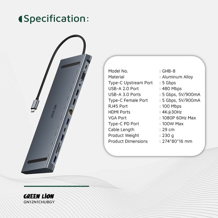 Green Lion 12-in-1 4K HDMI Ethernet USB-C Hub with 3× USB-A, 2× USB-C, 2× HDMI, SD/TF Card, RJ45, VGA & AUX Ports, Aluminum Alloy Material, 100Mbps Fast Ethernet, 29cm Cable Length, 5Gbps Data Transfer, Non-Slip Surface - Gray