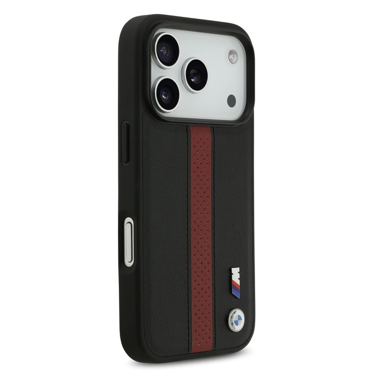 BMW PU Leather Case with Perforated Stripes & Metal Logos for iPhone 17 Pro Max, MagSafe Compatible, Sustainable Packaging, Drop Protection, Slim Profile, Easy Snap-On Design - Black / Red