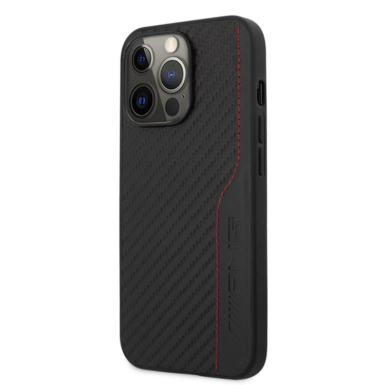 CG MOBILE AMG Hard Case with PU Carbon Effect Leather & Red Stitching Line Hot Stamped Logo Compatible for iPhone 13 Pro (6.1")) Easy Access to All Ports
