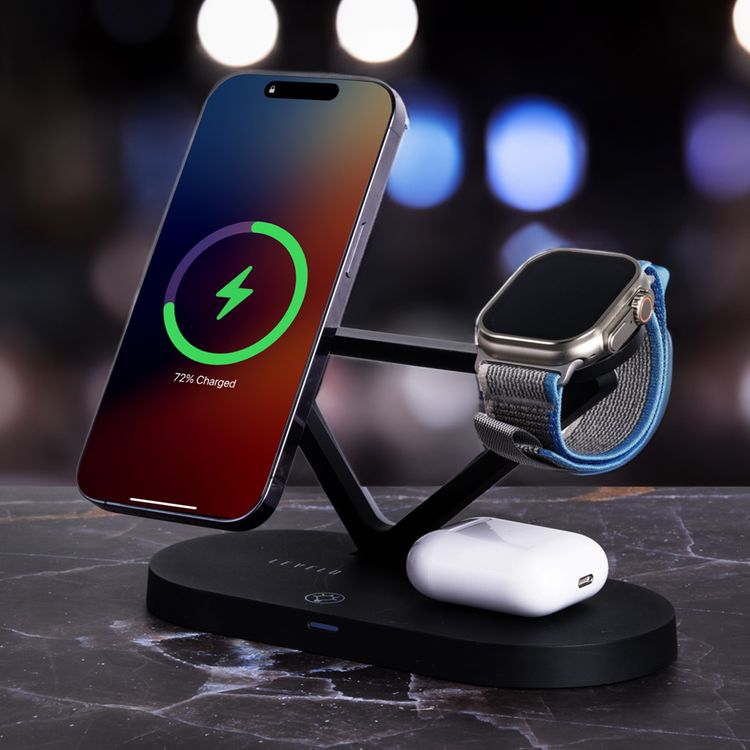 Levelo Premio 5-in-1 Wireless Charger with MagSafe Compatibility, 15W Fast Wireless Charging, Overcurrent Protection, Built-in LED Light, Automatic Object Detection - Black