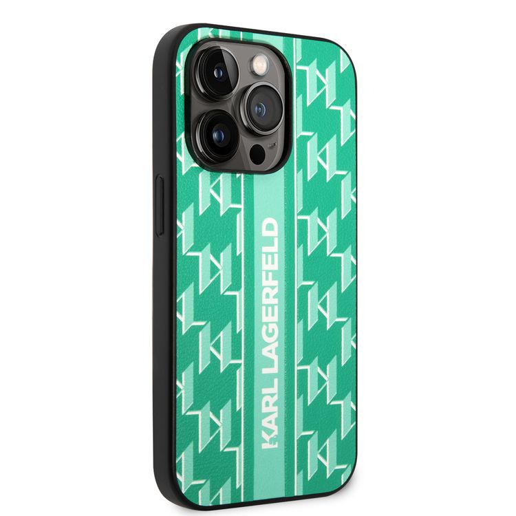 Karl Lagerfeld Grained PU Leather Case with Monogram Pattern & Vertical Logo iPhone 14 Pro Compatibility - Green
