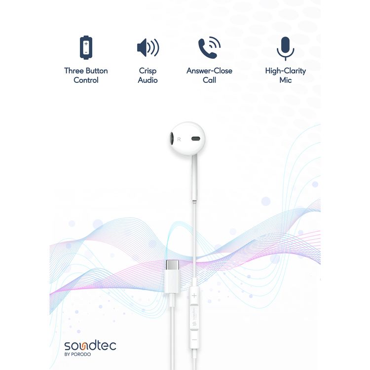 Porodo Soundtec Mono Earphone with Type-C Connector, 3-Button Controls, High-Clarity Microphone, 120 cm Cable Length - White