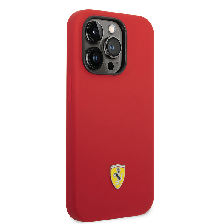 Ferrari Liquid Silicone Case with Black Camera Outline & Metal Logo iPhone 14 Pro Compatibility - Red