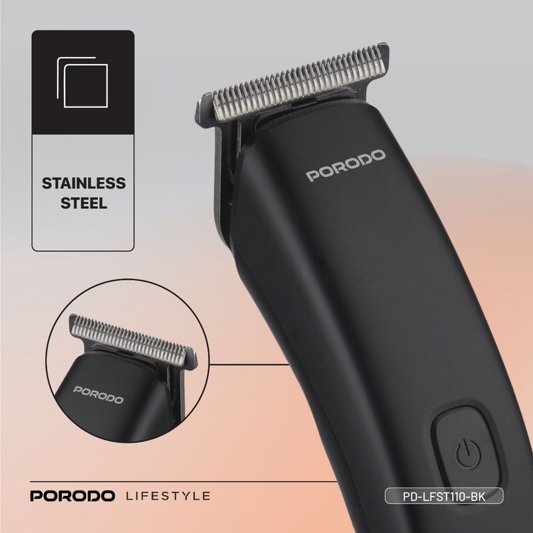Porodo T-Blade Compact Trimmer with Stainless Steel Blade, 600mAh Battery, 1 Hour Working Time, Type-C Charging, 2 Hours Charging Time - Black