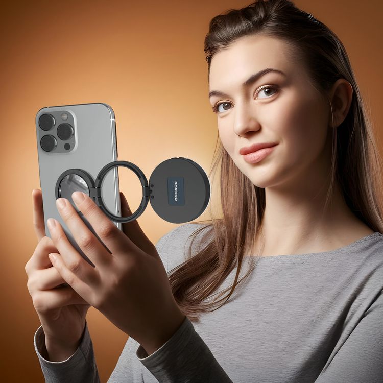 Porodo Lifestyle Magnetic Selfie Fill Light with 3 Color Temperatures, Brightness of 280 Lumens, 2 Hours Working Time, 120° Lighting Angle, MagSafe Compatibility, 360° Rotation - Black