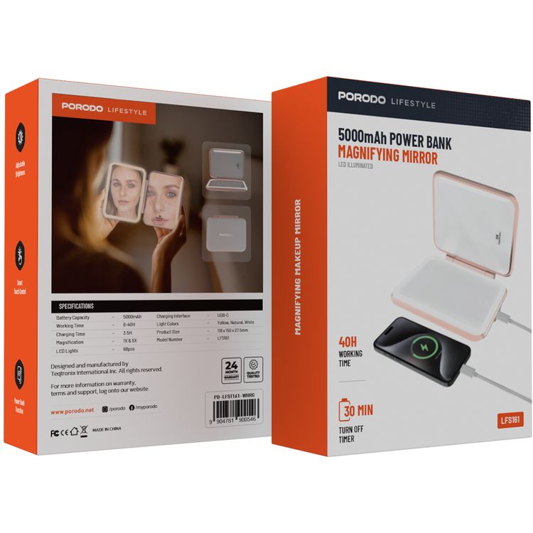 Porodo Magnifying Mirror with 5000mAh Power Bank, Up to 40 Hours Working Time, Yellow, Natural & White Light Colors, Smart Touch Control, 1X & 5X Magnification - White / Rose Gold