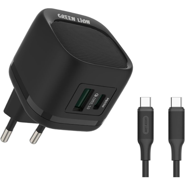 Green Lion PD20W+QC Wall Charger With USB-C To USB-C Cable 1M EU, Charging Protection - Black