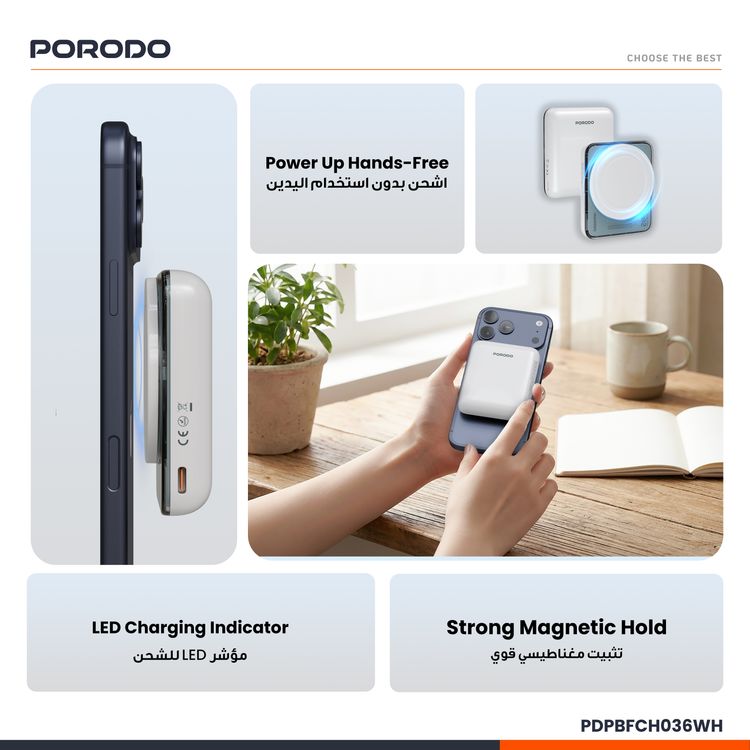 Porodo Sovo 5000mAh Power Bank with MagSafe Compatibility, Charging LED Light, USB-C Input & Output Port, PD 20W Fast Charging, 15W Wireless Output, Compact Design - White