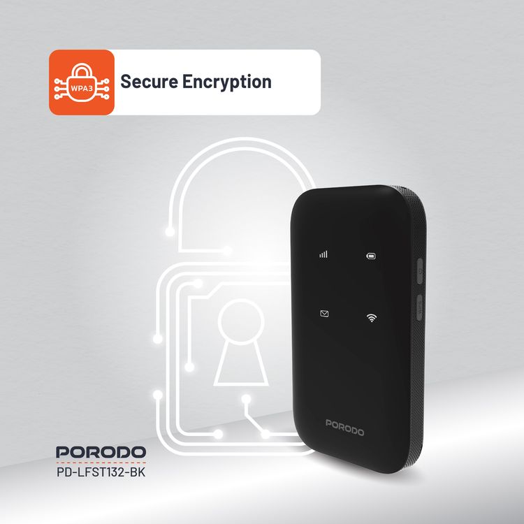 Porodo 4G Wireless Pocket Router with Secure Encryption, 10 Connected Devices, 3000mAh Battery Capacity, 8.5 Hours Working Time, Type-C Charging Port, WiFi 6 Standard, Lightweight and Portable - Black