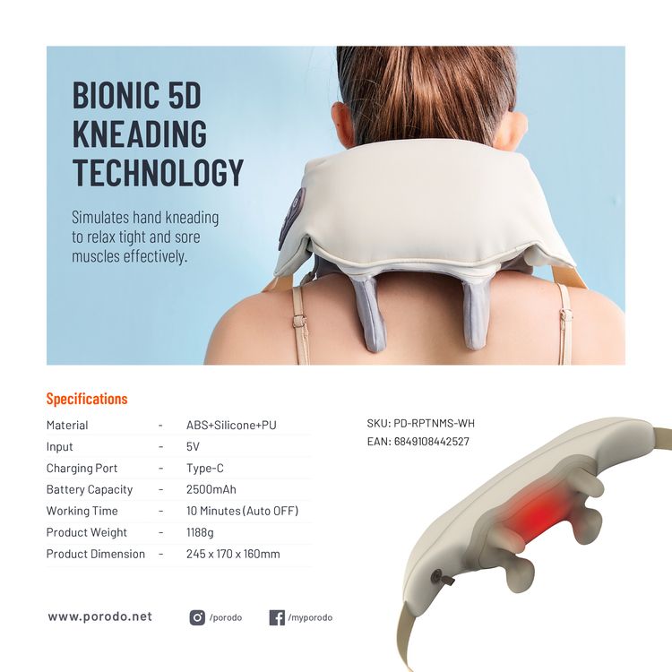 Porodo Neck & Shoulder Kneading Massager With Heat Compress, Voltage 5V DC, Bionic 5D Kneading Technology,  10 Minutes (Auto Shut-Off) - White