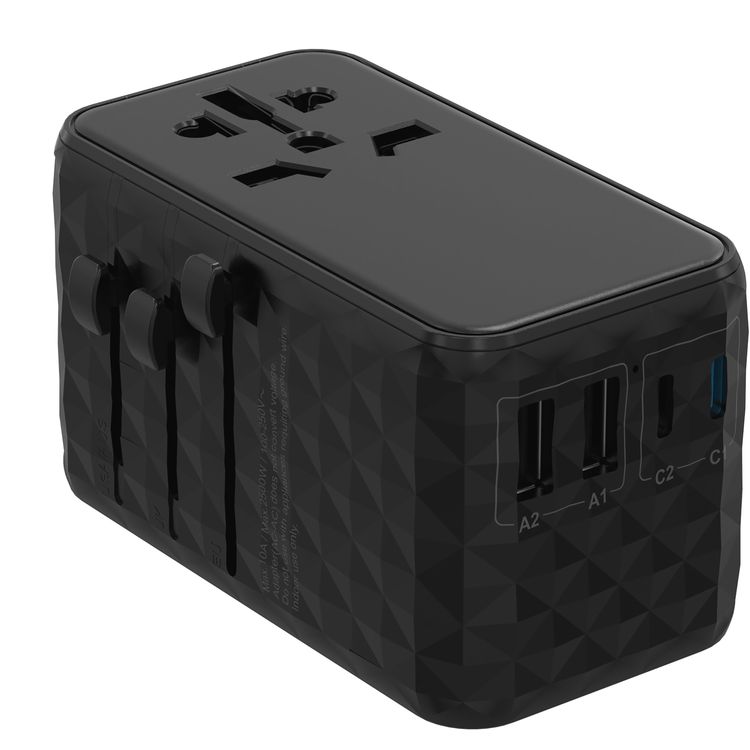 Powerology Universal GaN Super Charger with PD 100W, ×2 USB-A & ×2 USB-C Ports, Quick Charger, Laptop Charger, +150 Countries Compatibility - Black
