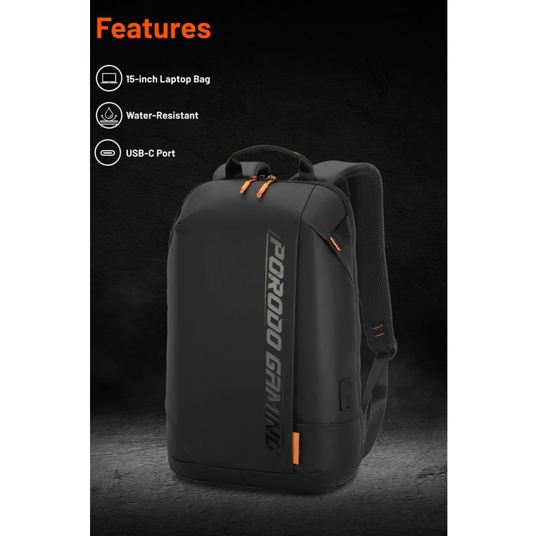 Porodo Gaming PU Laptop Backpack with USB-C Port, Up to 15" Laptop Compatibility, PD 20W, Water-Resistant, Multiple Pockets - Black